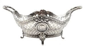 19th century pseudo Hanau silver, George II style twin handled basket with embossed busts, draped ri