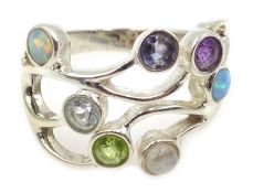 Silver multi gemstone set ring