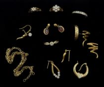 Two gold diamond rings and a collection of gold jewellery including rings and earrings