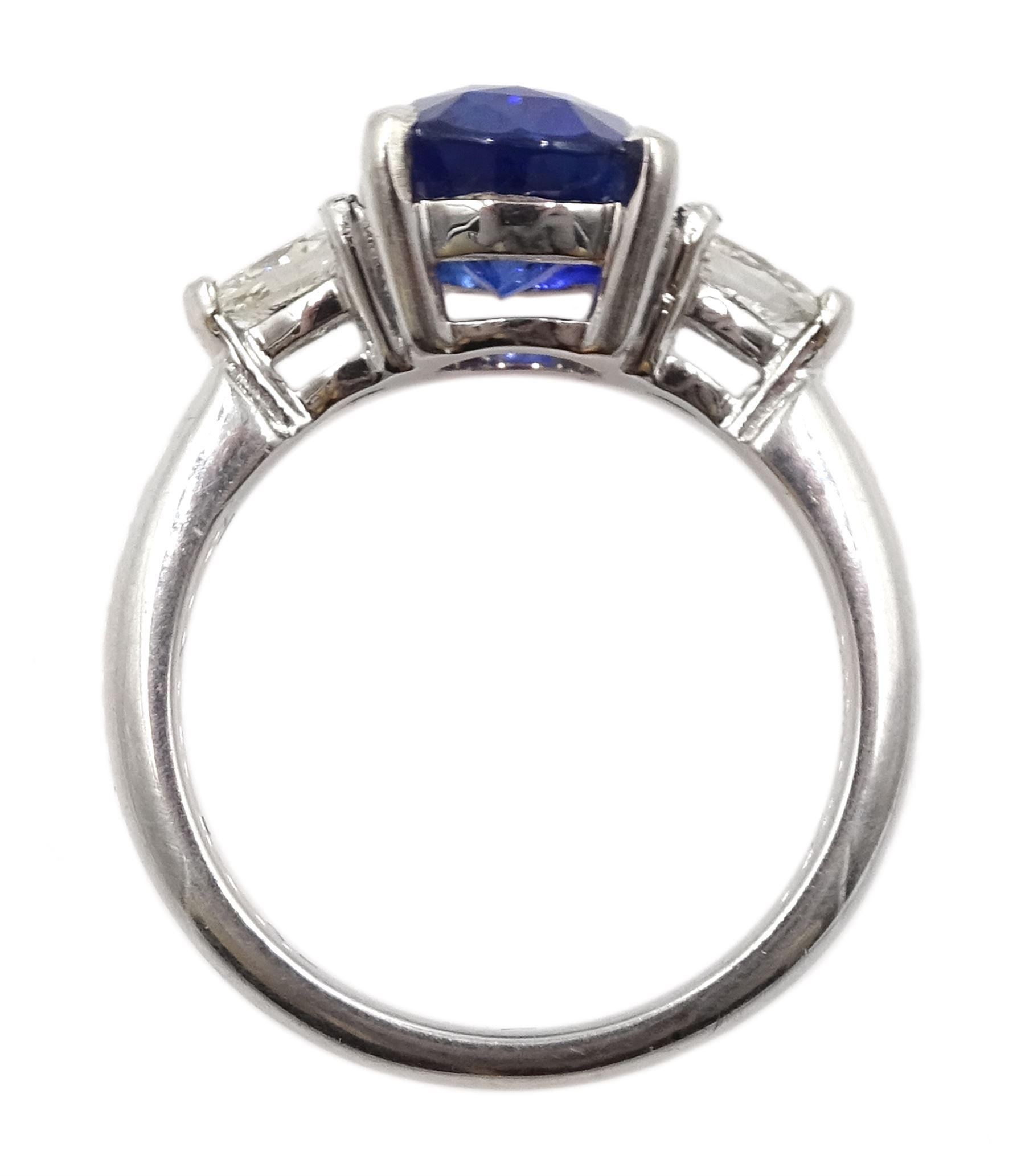 Platinum oval Ceylon sapphire and marquise shape diamond three stone ring - Image 5 of 5