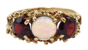 9ct gold opal and garnet three stone ring