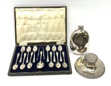 George V silver capstan inkwell with riveted style decoration