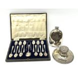 George V silver capstan inkwell with riveted style decoration