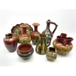 Collection of early to mid 20th century drip glazed pottery to include a bulbous vase with three loo