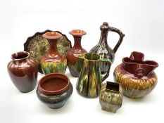 Collection of early to mid 20th century drip glazed pottery to include a bulbous vase with three loo