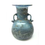 Roman style twin-handled blue glass vase with iridescent distressed finish