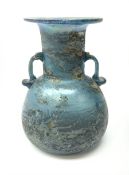 Roman style twin-handled blue glass vase with iridescent distressed finish