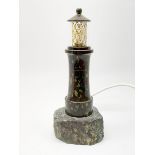 20th century Cornish Serpentine table lamp modelled as a lighthouse