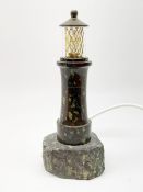 20th century Cornish Serpentine table lamp modelled as a lighthouse