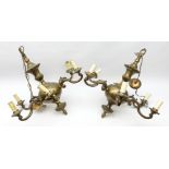 Pair of bronzed six-branch chandeliers of Dutch 17th century style, each with bulbous knopped colum