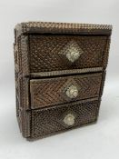 19th century Tramp art three drawer chest with typical chip carved decoration and metal handles