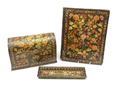 19th century Kashmiri lacquered papier-mache desk set comprising a domed stationery box