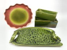 Bretby twin handled lustre green colourway tray with sinuous formed handles