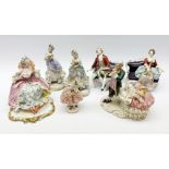 Naples porcelain Crinoline figure of a seated lady, H20cm, similar pair of Naples figures on marbled