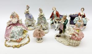 Naples porcelain Crinoline figure of a seated lady, H20cm, similar pair of Naples figures on marbled