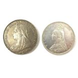 Queen Victoria 1894 crown and 1887 double florin coins