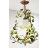 A toleware light fitting modelled with fruiting lemon vines around a frilled glass shade