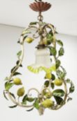 A toleware light fitting modelled with fruiting lemon vines around a frilled glass shade