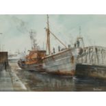 Adrian Thompson (British 1960-): Grimsby Trawler 'Ross Resolution' in Dock