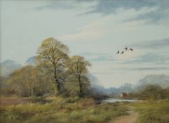 John Caesar Smith (British 1930-): Wooded Landscape with Geese in Flight