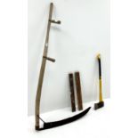Early 20th century scythe (L155cm) an axe and two wooden levels