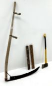 Early 20th century scythe (L155cm) an axe and two wooden levels