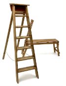 Vintage pitch pine step ladders (H156cm) and a folding timber bench