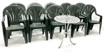 Set ten dark green plastic stacking garden chairs (W55cm) and a metal garden table (D62cm