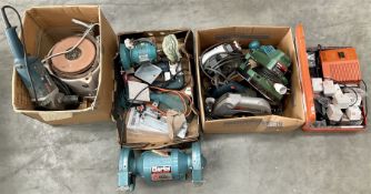 A quantity of power tools including a Bosch GWS 20-230 grinder a Clarke bench grinder and several ot