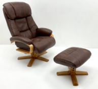 Leather swivel armchair (W77cm) and matching footstool