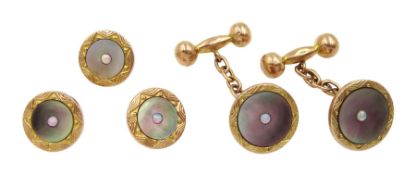 Pair of early 20th century rose gold mother of pearl and opal cufflinks and three matching gold shir