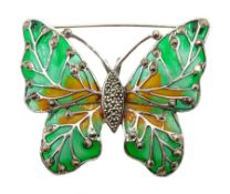 Silver plique a jour and marcasite butterfly pendant brooch