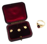 Gold garnet signet ring stamped 9ct and three Victorian 9ct gold shirt studs