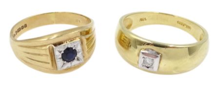 Gold single stone diamond ring and a gold single stone sapphire ring