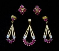 Pair of gold ruby and diamond pendant stud earrings and matching pendant and one other pair of ruby