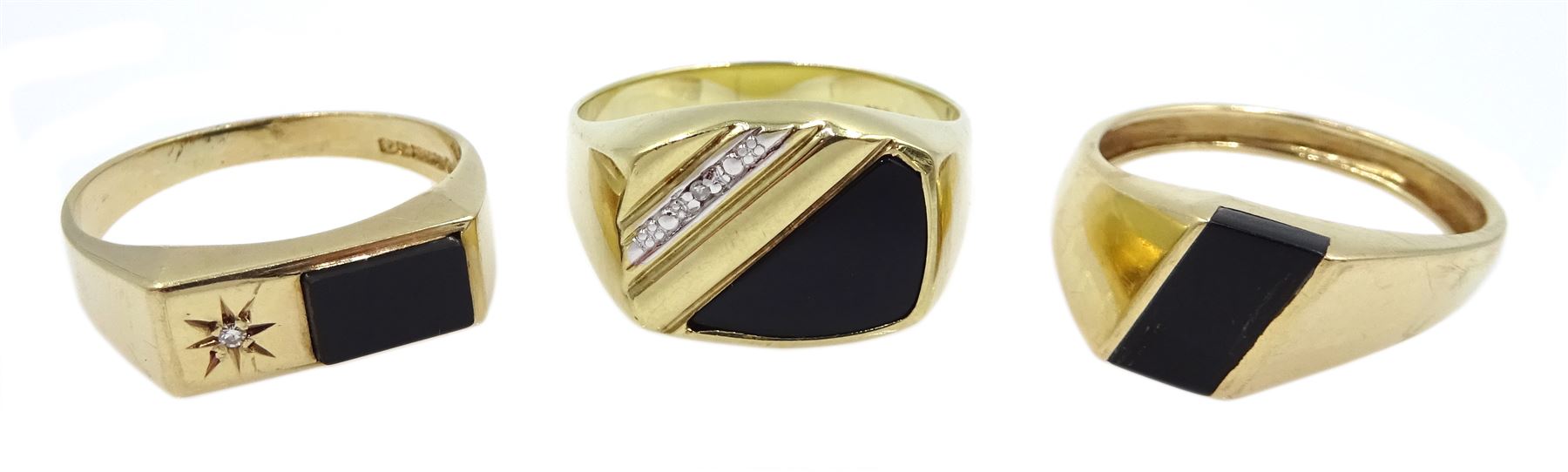 Two 9ct gold black onyx and diamond rings hallmarked and one 9ct gold black onyx ring tested