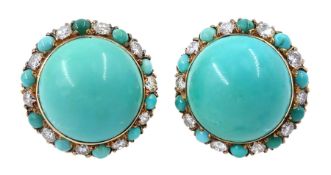 Pair of gold turquoise and diamond circular clip earrings