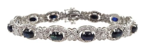 18ct white gold cabochon sapphire and diamond flower link bracelet