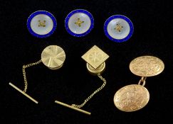 Three 9ct gold mother of pearl and blue enamel circular buttons