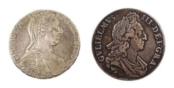 William III 1695 crown coin mounted as a brooch and a Maria Theresa restrike silver Thaler