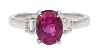 18ct white gold oval pink sapphire and baguette diamond ring