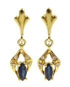 Pair of 18ct gold marquise shaped sapphire and diamond pendant stud earrings