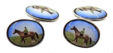 Pair of silver enamel horse cufflinks