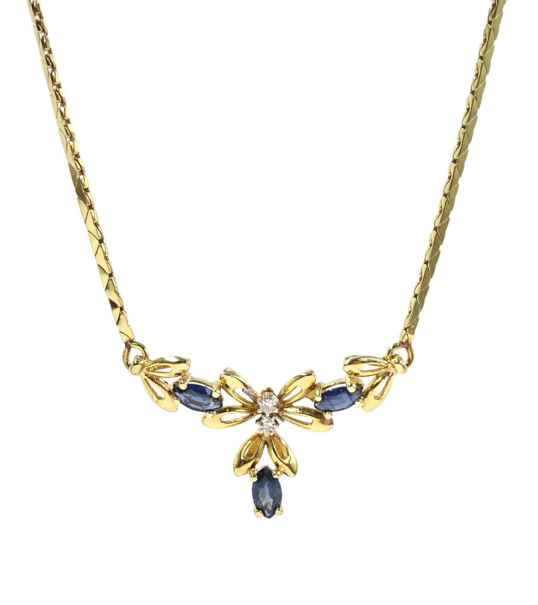 9ct gold marquise shaped sapphire and diamond necklace