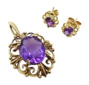 Pair of gold amethyst stud earrings and a gold amethyst pendant