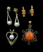Gold coral pendant and gold pearl pendant