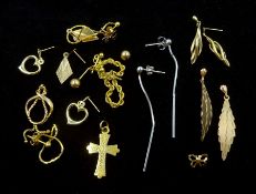 Nine pairs of gold earrings and two gold pendants