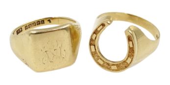 Gold horseshoe ring and signet ring