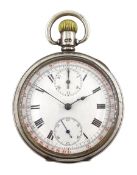 Silver open face Swiss lever keyless chronograph pocket watch by Le Phare.W. Co