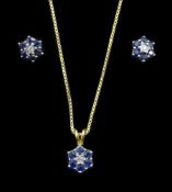 Gold sapphire and diamond cluster pendant necklace and pair of gold matching stud earrings